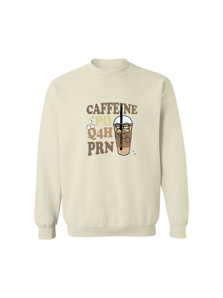 Flat lay of the Beachgem Collab: Perk Up Rx Crewneck Sweatshirt - Beige Shirt with PO Q4H PRN Design
