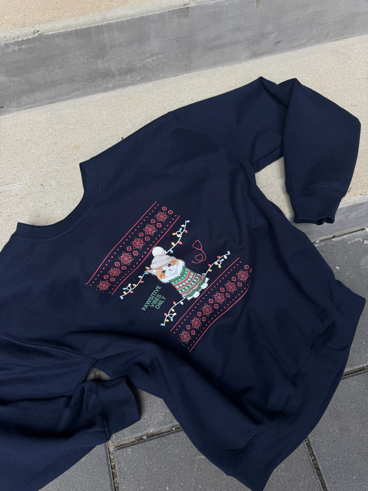 Navy blue sweatshirt with a Christmas cat design on a concrete surface