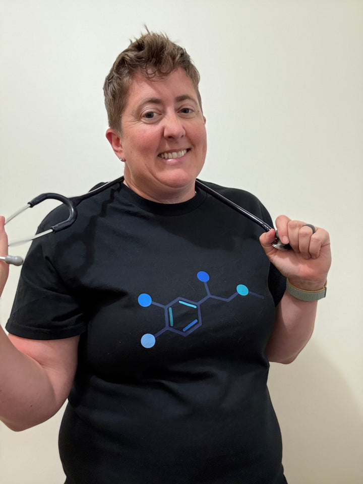 Dr. Beachgem Collab: Code Cart Tee Shirt - Black Short Sleeve with Adrenaline Molecule Design