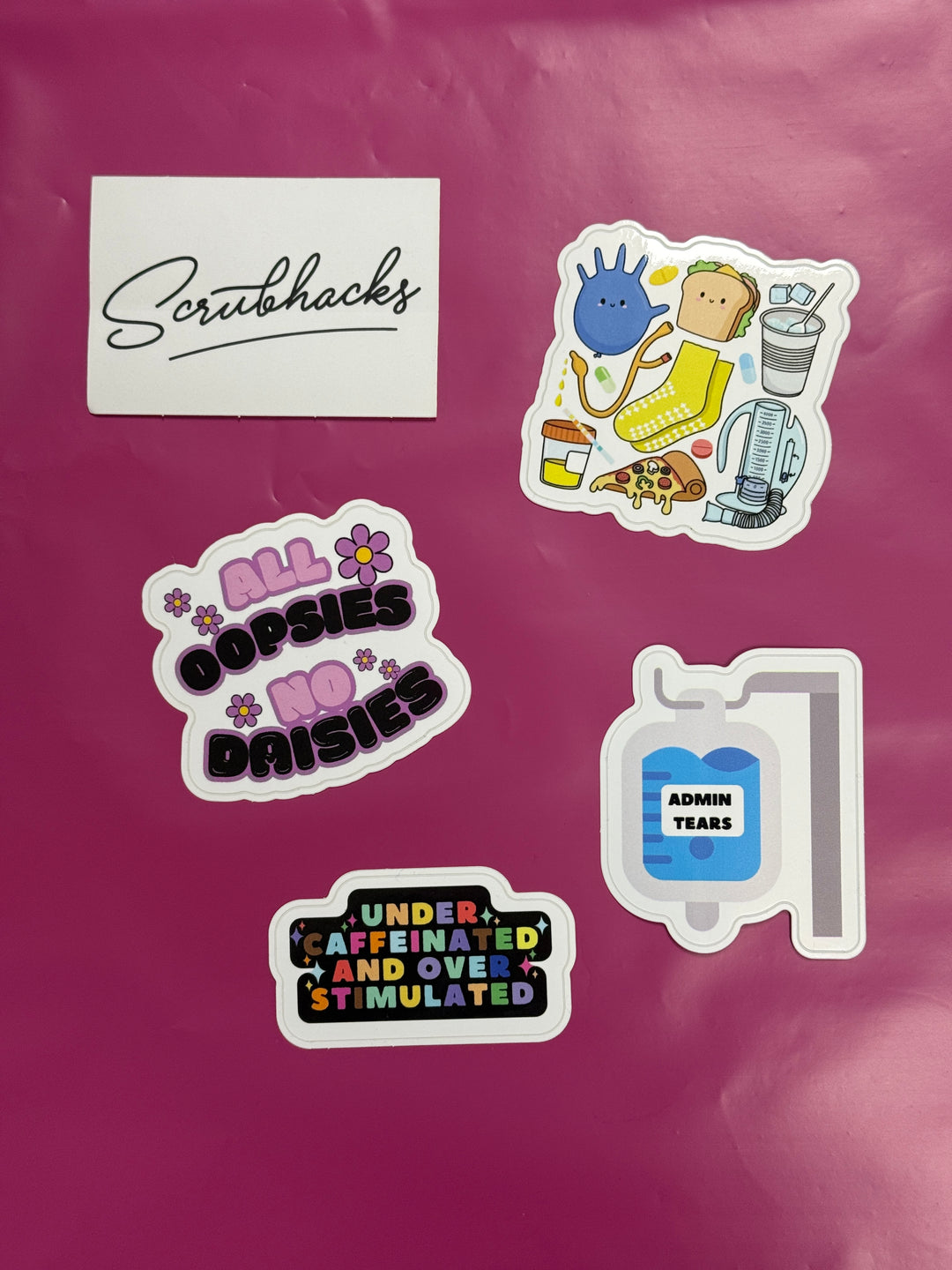 Five colorful Scrubhacks stickers on a purple background