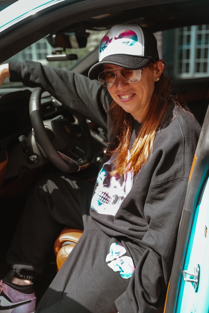 Cranial Love Trucker Hat | Black Ball Cap with Skull Design