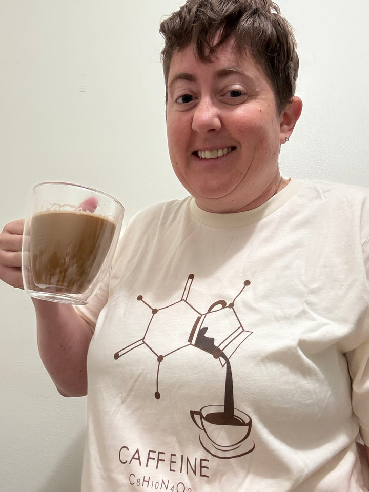 Dr. Beachgem Collab: Enerjava Tee Shirt - Cream Short Sleeve with Caffeine Molecule Design