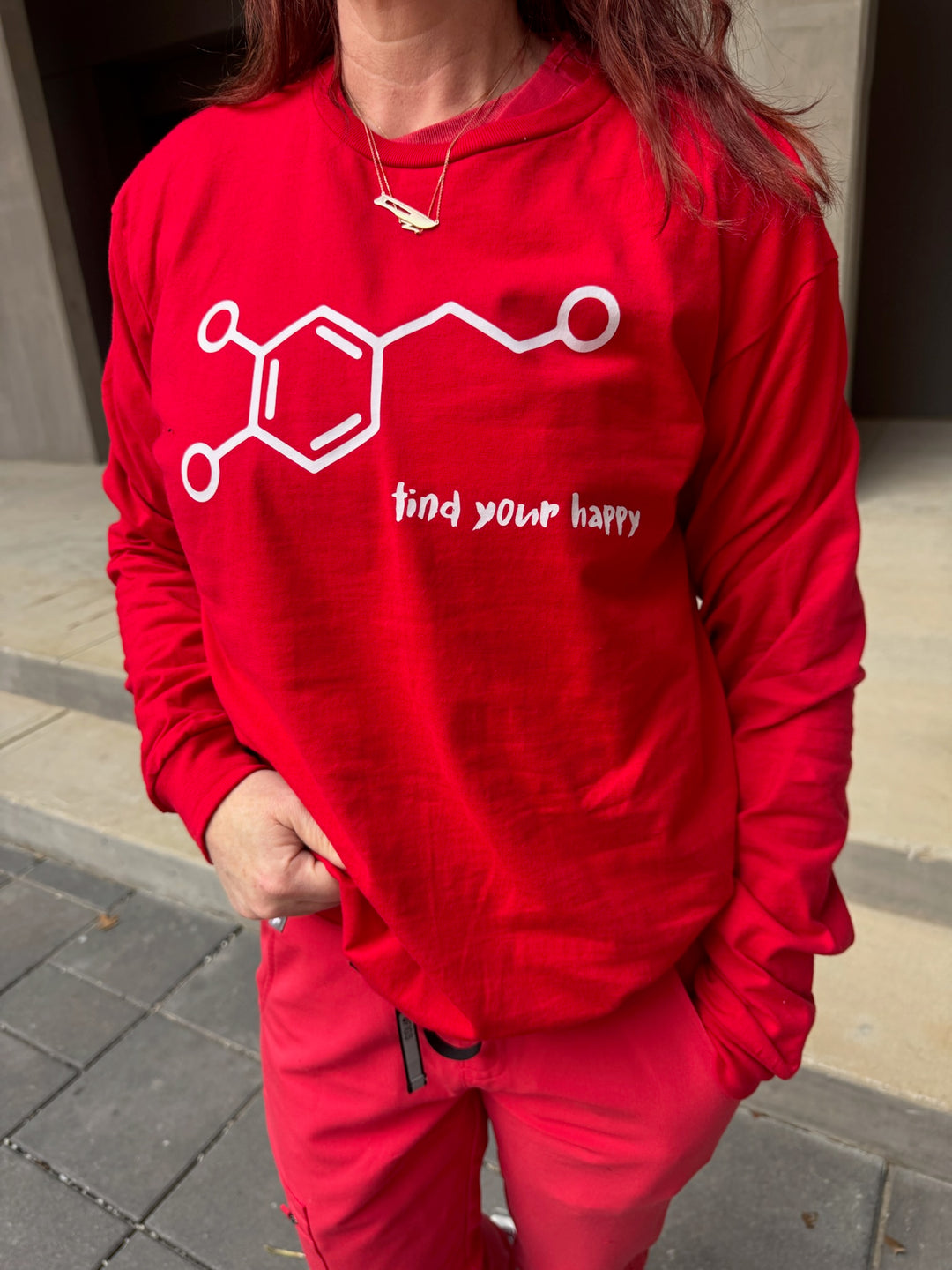 Ladyspinedoc wearing Dopamine Rush Long Sleeve Tee Shirt - Red with Dopamine Molecule Design and "Find Your Happy" Motto