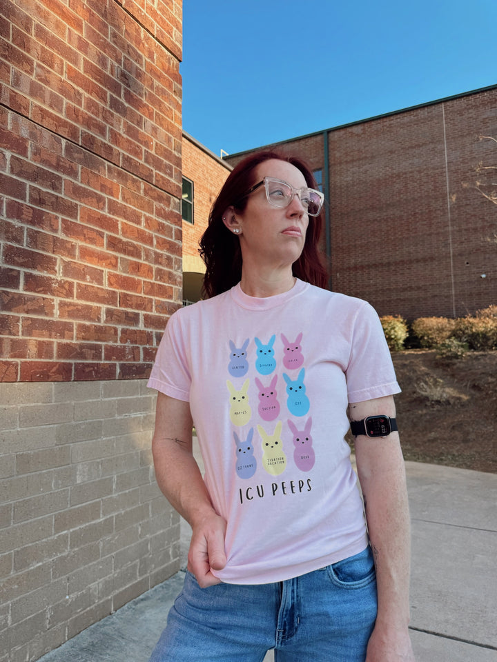 Ladyspinedoc wearing the ICU Squad Tee – Pink Short Sleeve with Pastel Bunnies and ICU Lingo