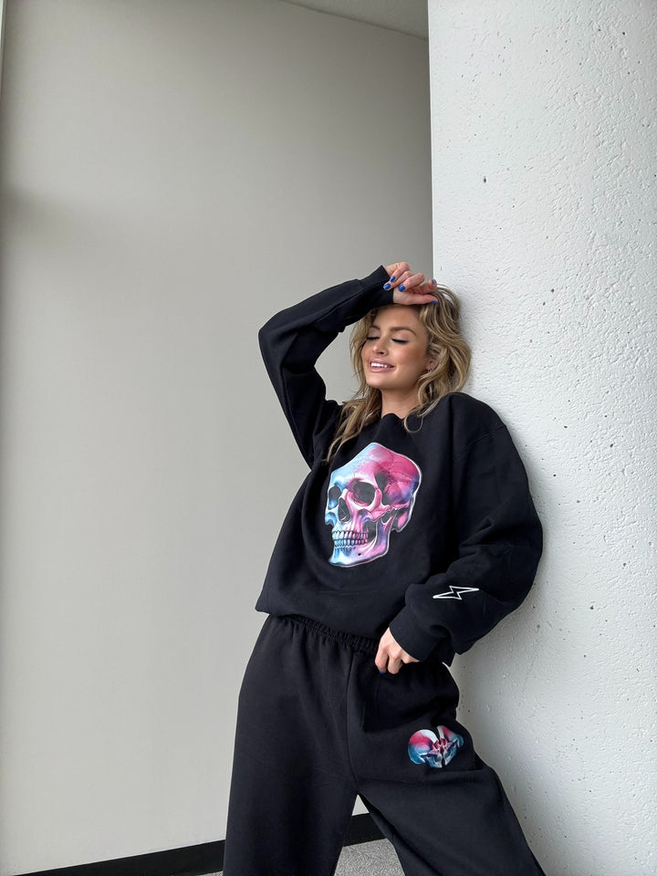 Super Skull Crewneck Sweatshirt - Black with Skull Design