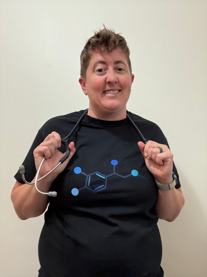 Dr. Beachgem Collab: Code Cart Tee Shirt - Black Short Sleeve with Adrenaline Molecule Design