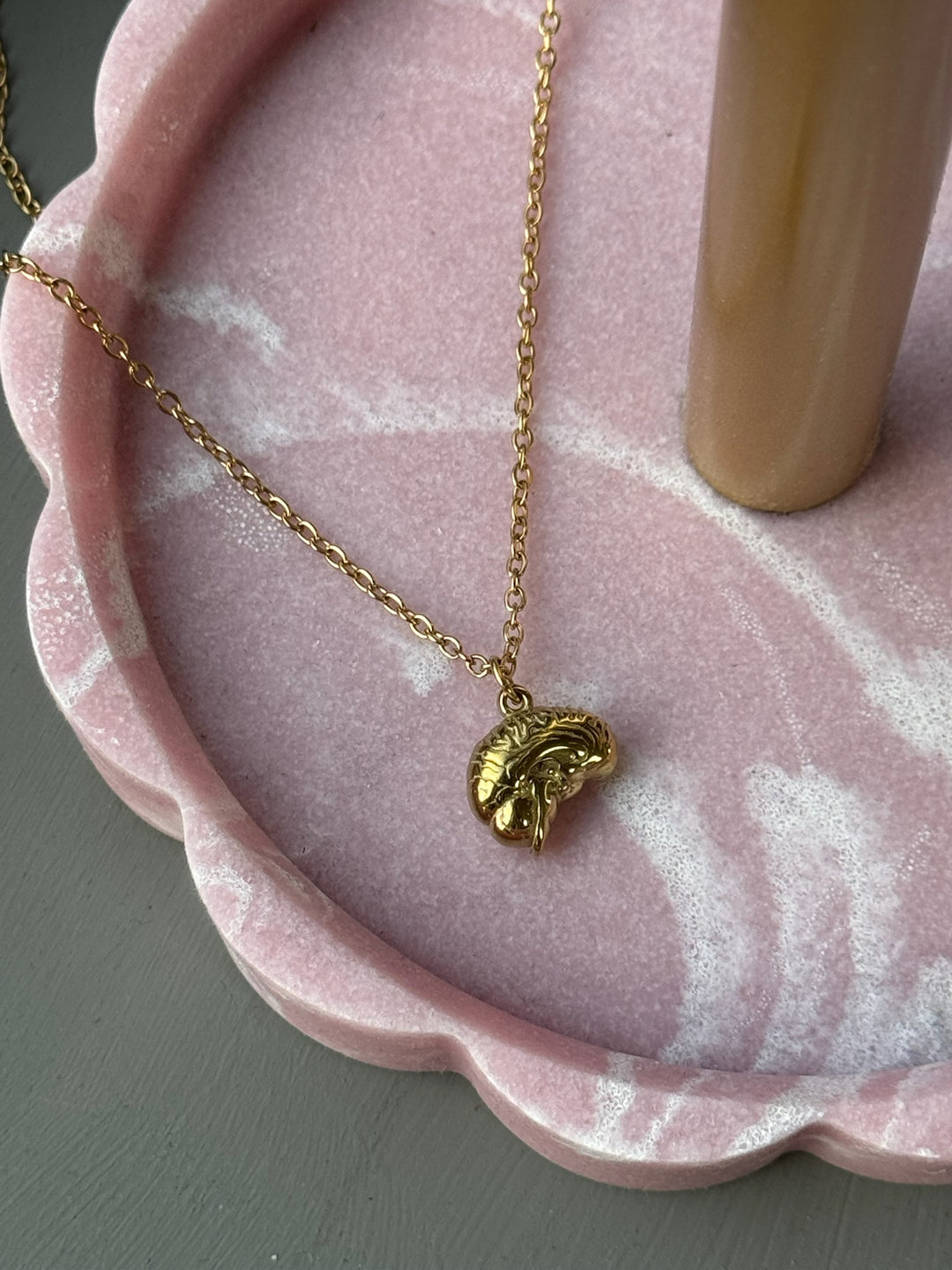 Gold Ladyspinedoc Brain Necklace in a round pink tray