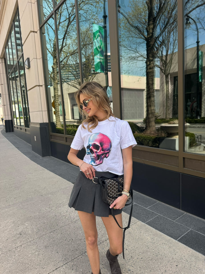 Skull Style Cropped Tee Shirt | White Crop Top Short Sleeve with Skull Design