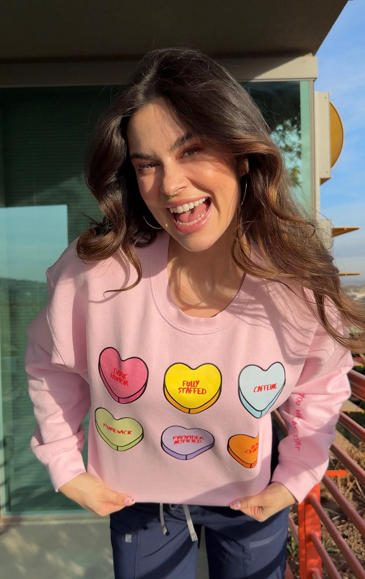 Scrubhacks Collab: You Had Me At Stat Crewneck Sweatshirt - Pink with Nurse Humor