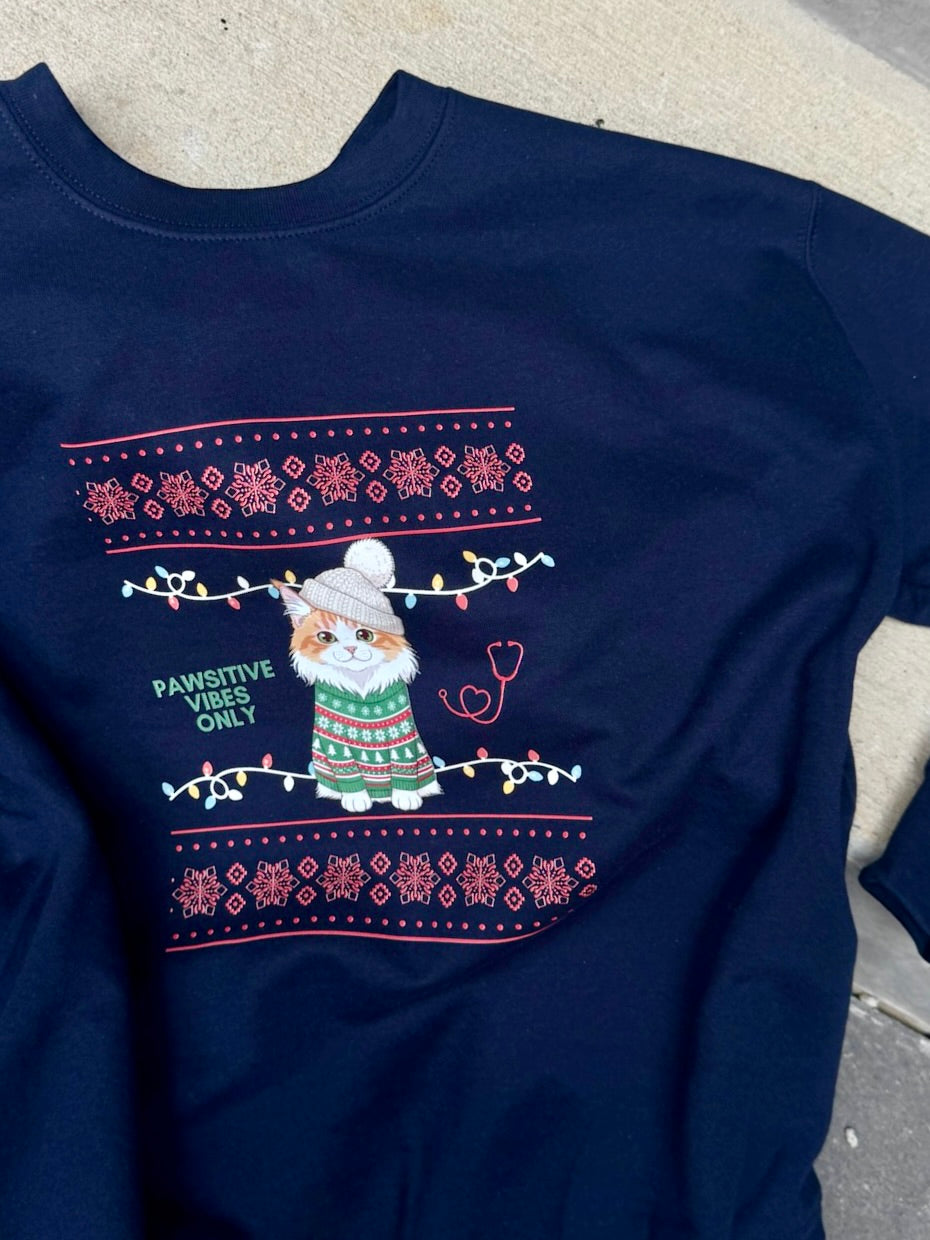Navy blue sweatshirt with a cat graphic and Pawsitive Vibes Only on a concrete surface
