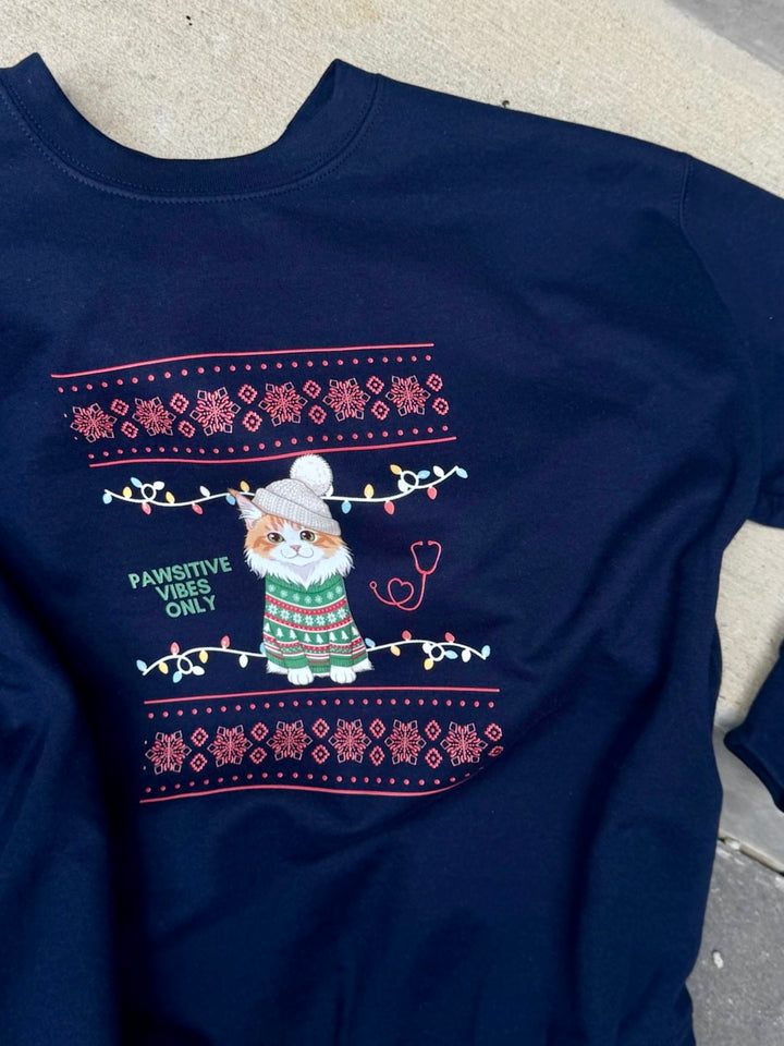 Navy blue sweatshirt with a cat graphic and Pawsitive Vibes Only on a concrete surface