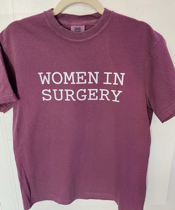 Burgundy t-shirt with 'WOMEN IN SURGERY' text on a white background