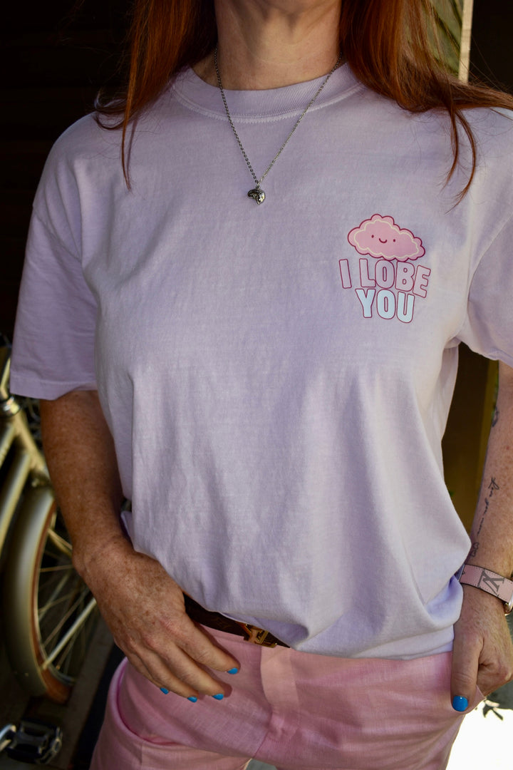 Close up of Ladyspinedoc wearing the I Lobe You Brain Anatomy Tee.