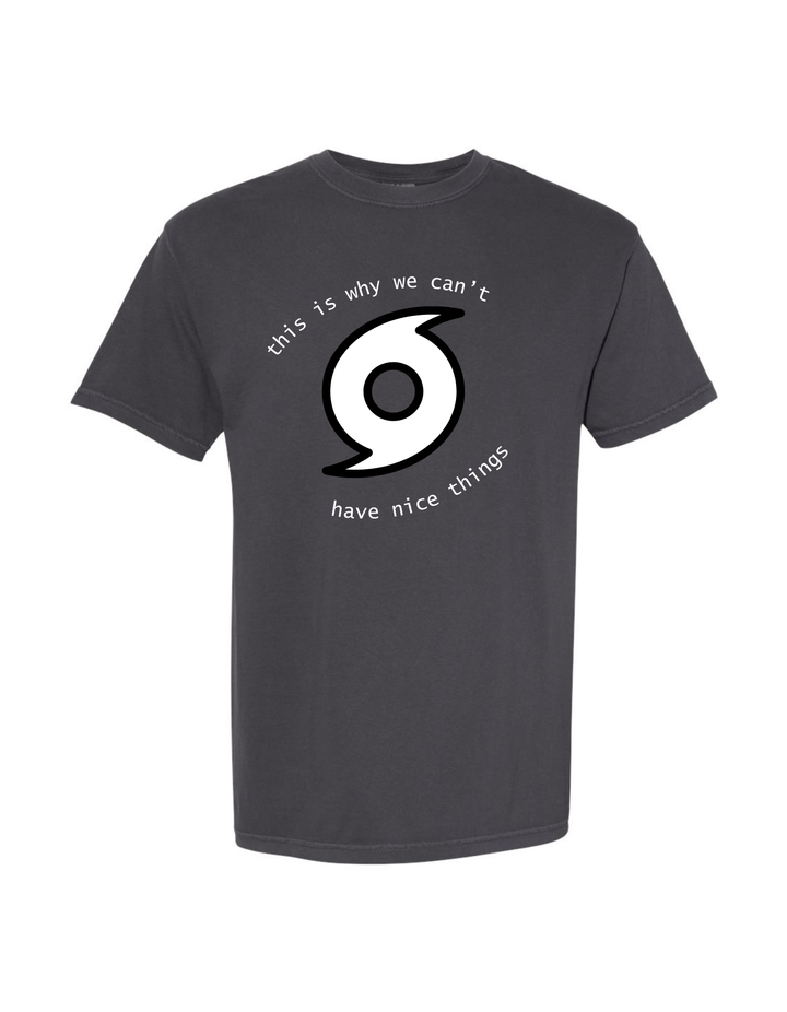 Gray “This Is Why We Can’t Have Nice Things” hurricane t-shirt from the Dr. Beachgem x Ladyspinedoc collab, featuring white hurricane symbol and circular text design.