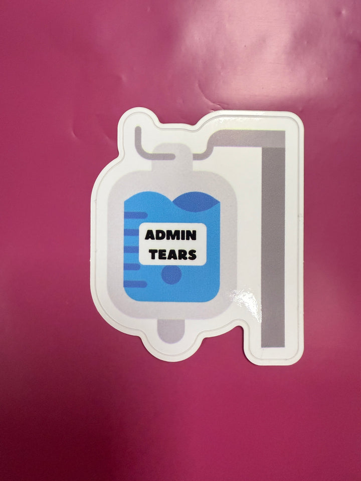 Sticker with 'ADMIN TEARS' design on a purple background