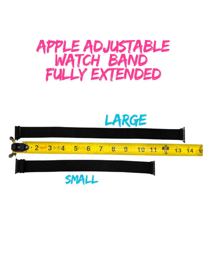 Size chart showing a ruler and lengths of the fully extended large and small Ladyspinedoc Adjustable Bicep Smartwatch Bands for Apple Watches.
