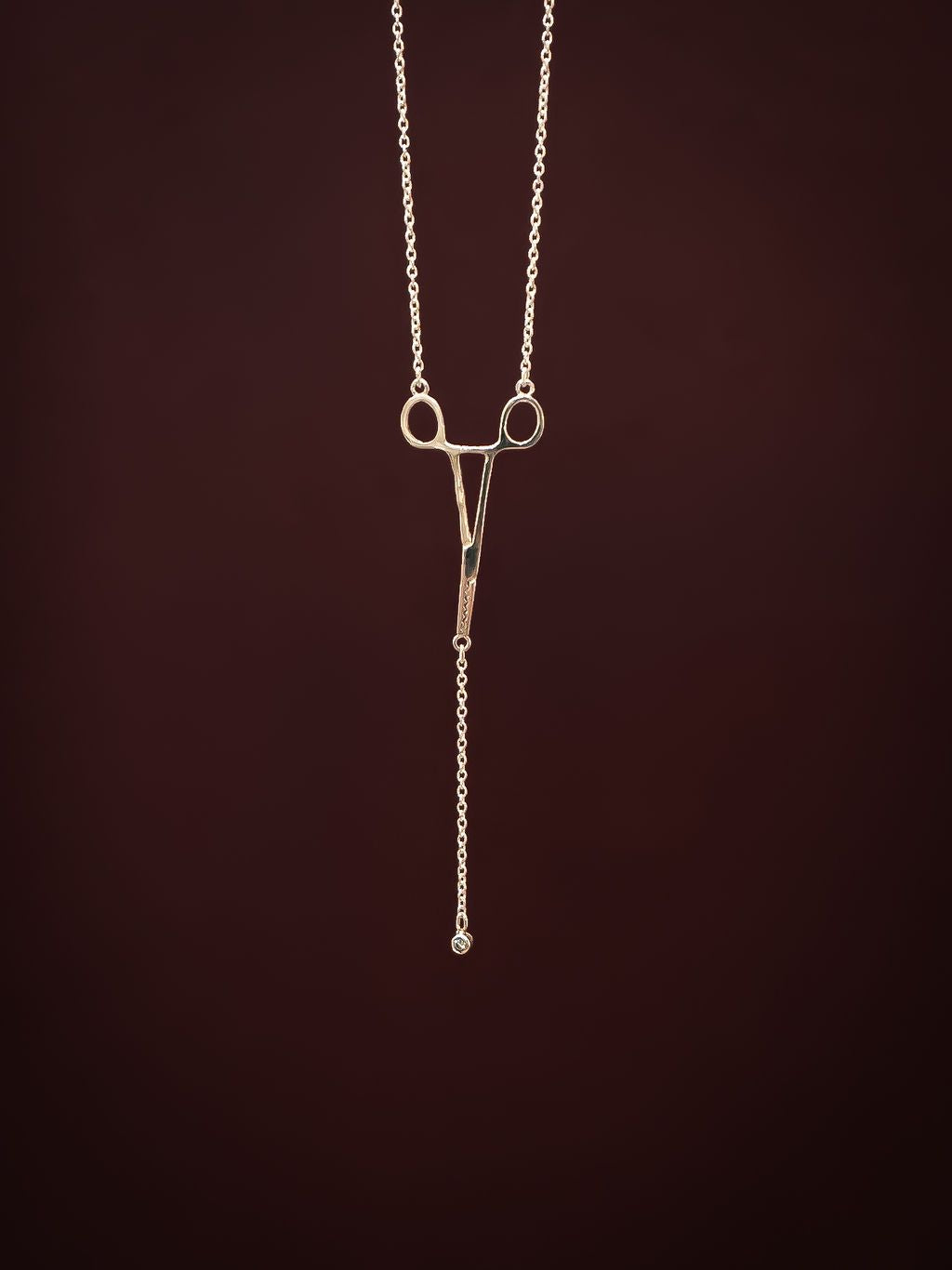 Close-up of silver Erin Necklace: Hemostat With Diamond Drop