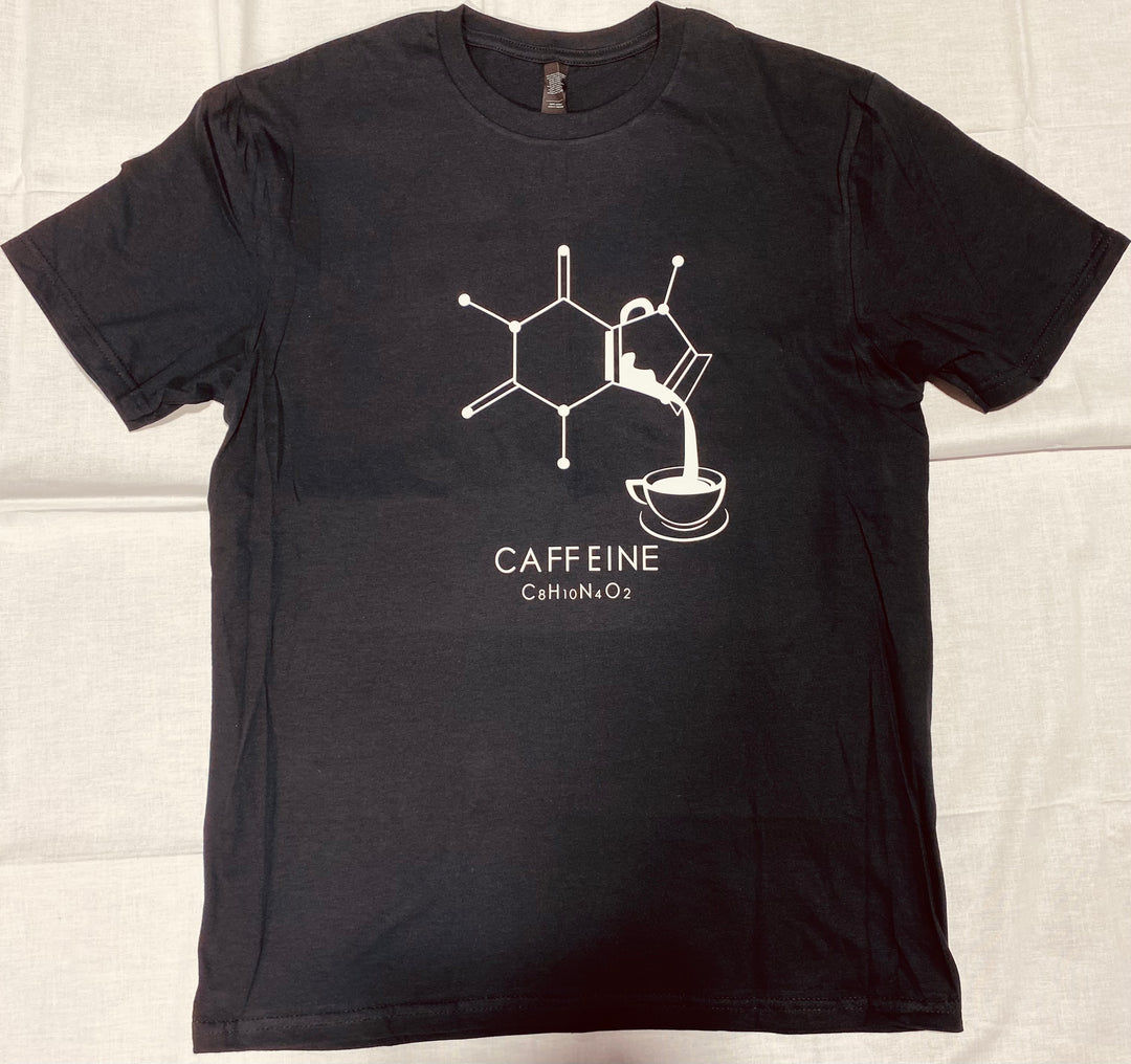 Black t-shirt with white caffeine caffeine molecule design on a light gray background