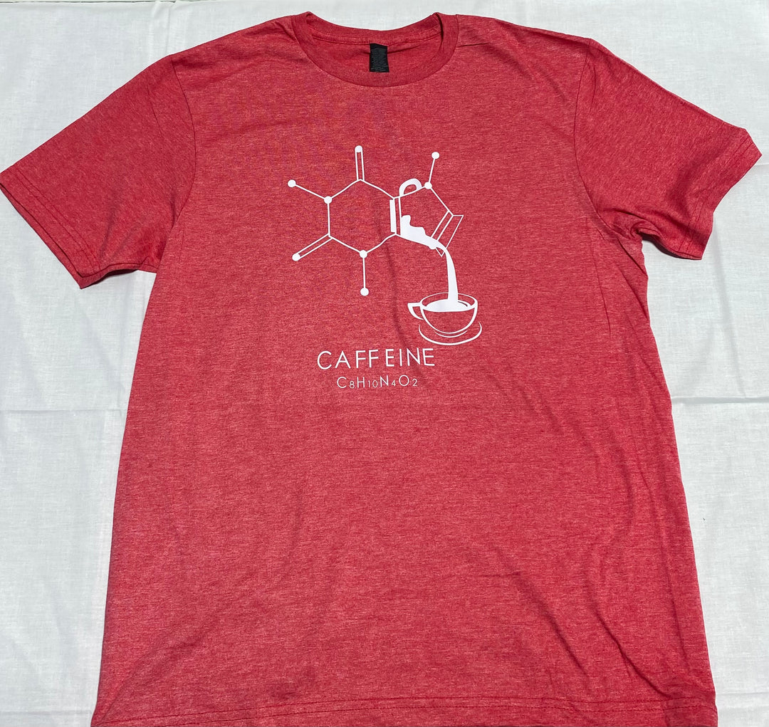 Red t-shirt with a white caffeine molecule graphic design on a light gray background