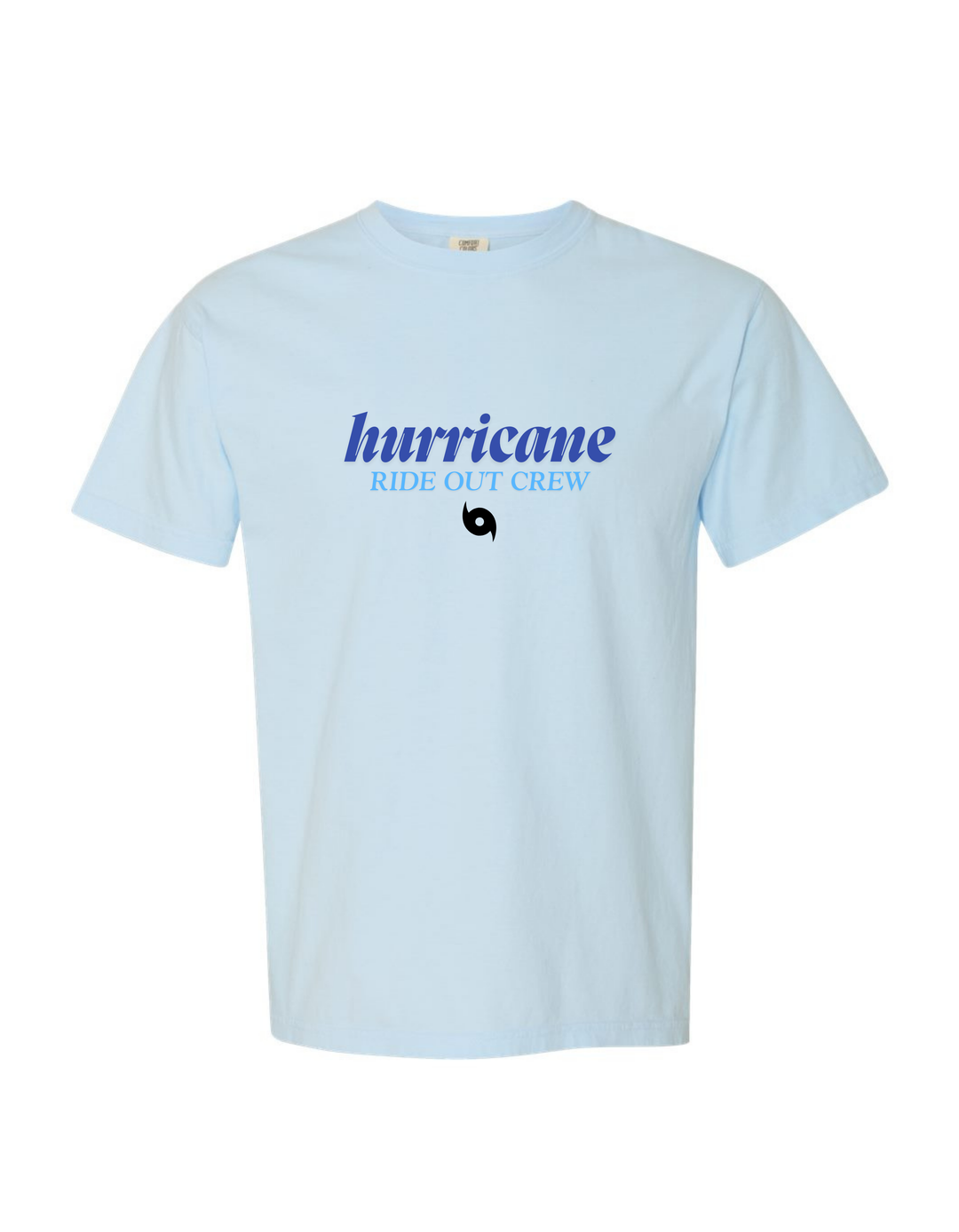 Light blue t-shirt with 'hurricane RIDE OUT CREW' text on a white background