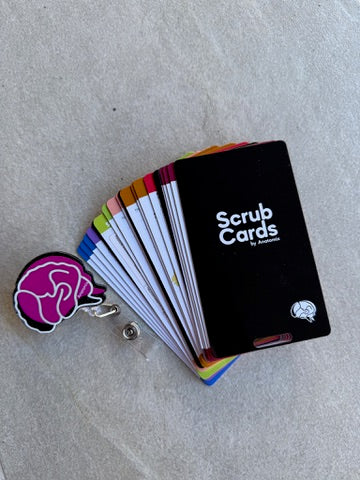 Set of Scrub Cards with a brain badge holder on a gray surface
