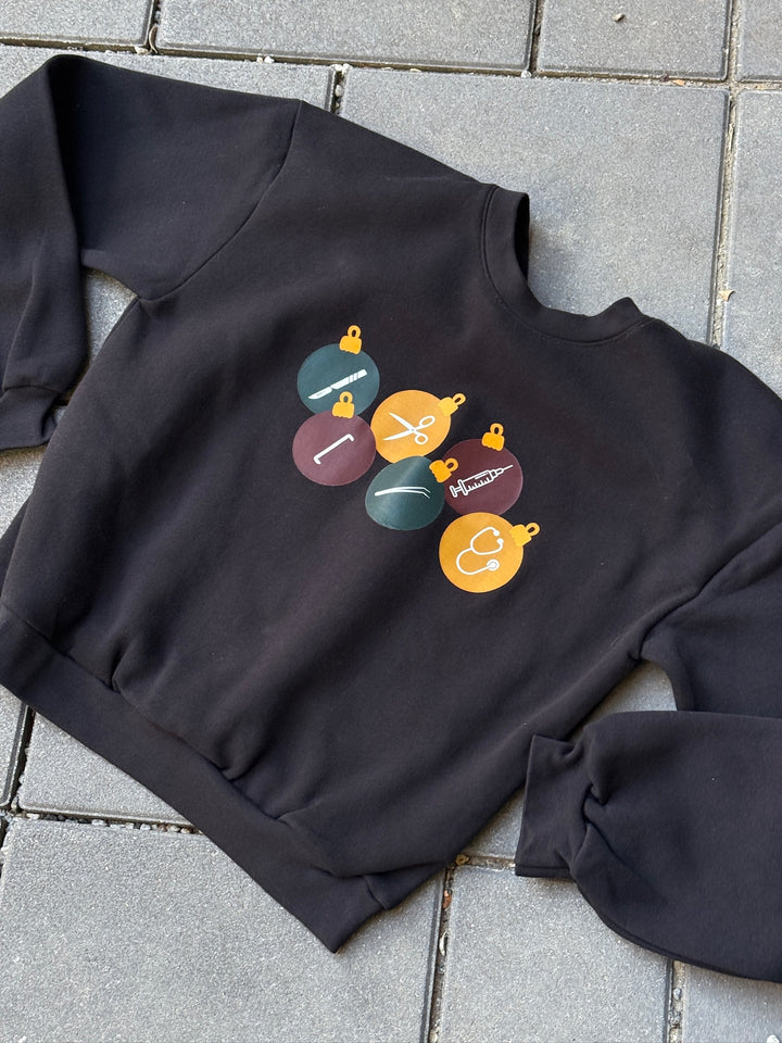 Black cropped surgical ornament sweatshirt with balloon sleeves