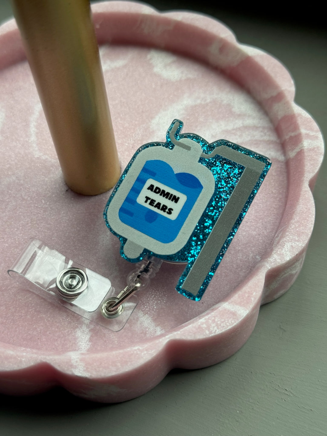 Ladyspinedoc x Scrubhacks Blue Admin Tears IV Bag Badge Reel - Glitter Blue with Retractable with Alligator Clip. 