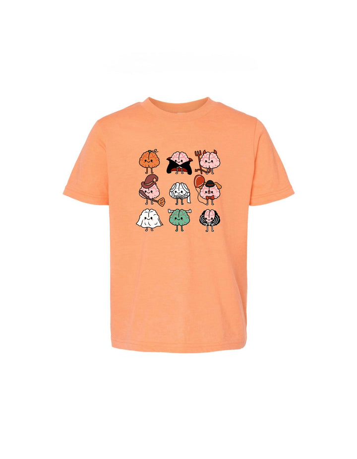 Youth Halloween Brains Tee Shirt with Cartoon Pumpkin, Ghost, Witch & More Shipping 9/26