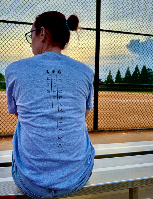 Back view of LFG Brain Tumor Awareness shirt with vertical spine-style text: “LFG – Let’s Fight Glioblastoma” 