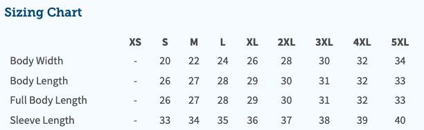 Sizing chart for clothing with measurements in centimeters.
