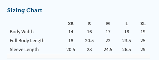 Sizing chart for clothing with body width, full body length, and sleeve length measurements.