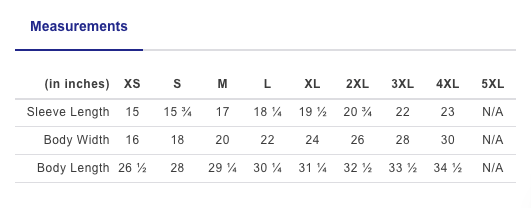 Size chart measurements