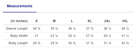 Measurement chart for sleeve length, body width, and body length in inches across size small to extra large.