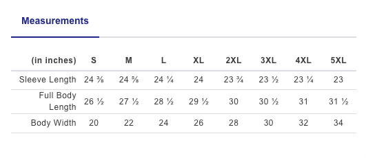 Measurement chart for sleeve length, full body length, and body width in inches for various sizes.
