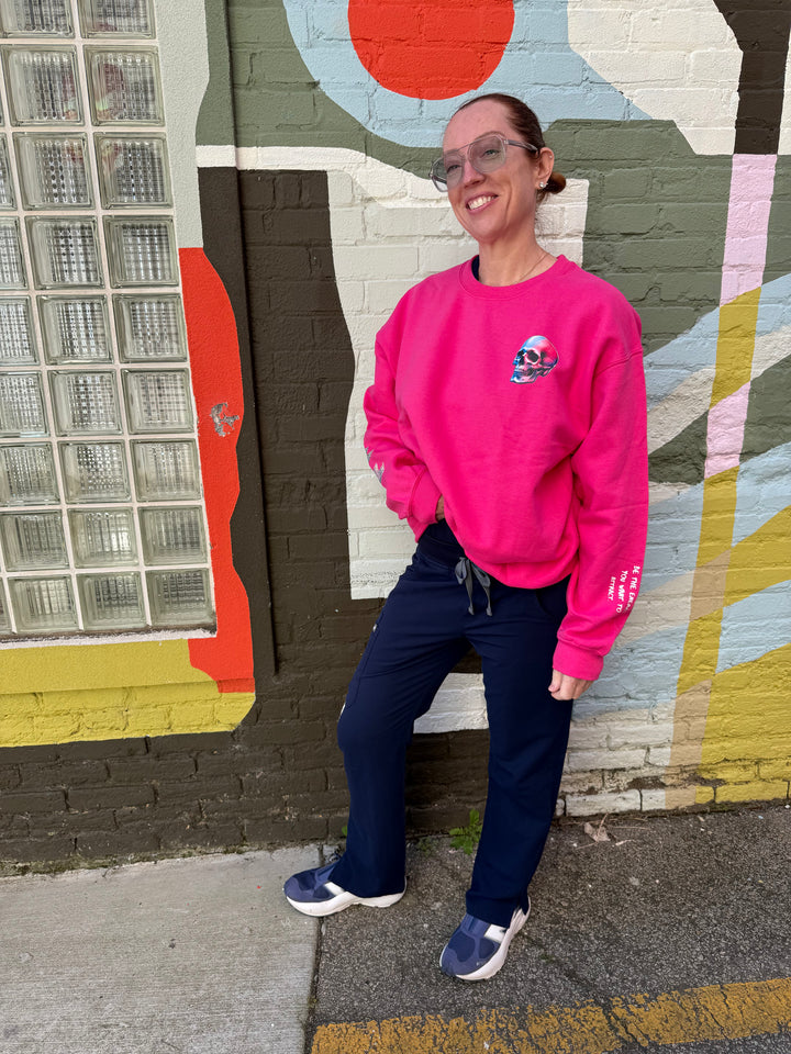 The Power Within Crewneck Sweatshirt - Pink Shirt with Lightning Bolts and Skull