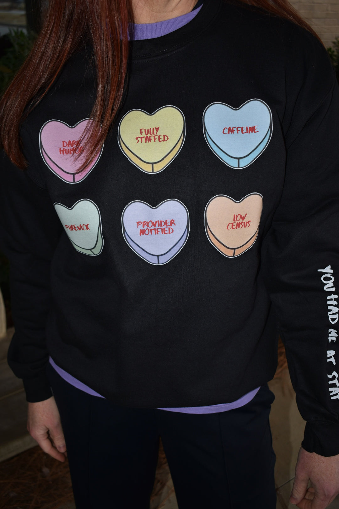 Scrubhacks Collab: You Had Me At Stat Crewneck Sweatshirt - Black with Nurse Humor