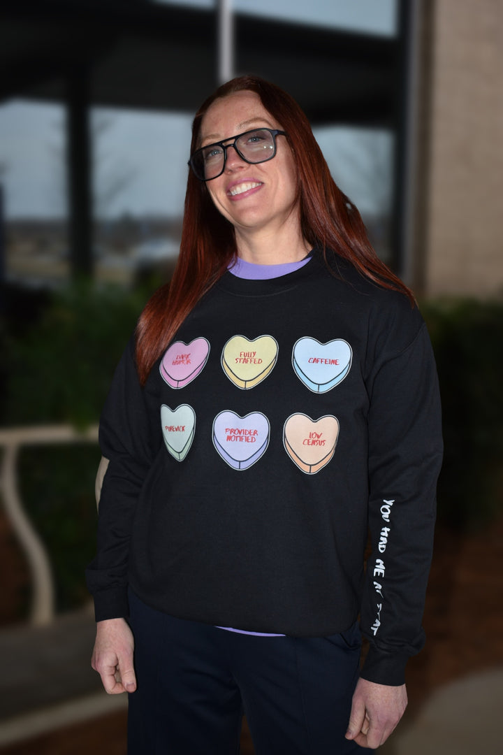 Scrubhacks Collab: You Had Me At Stat Crewneck Sweatshirt - Black with Nurse Humor