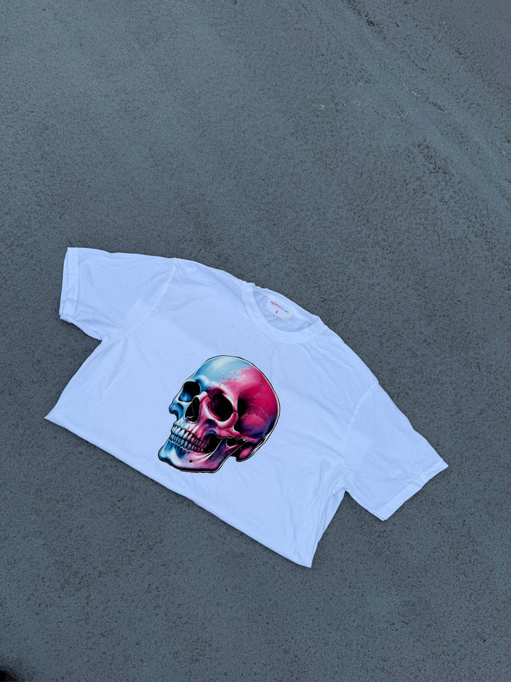 Skull Style Cropped Tee Shirt | White Crop Top Short Sleeve with Skull Design