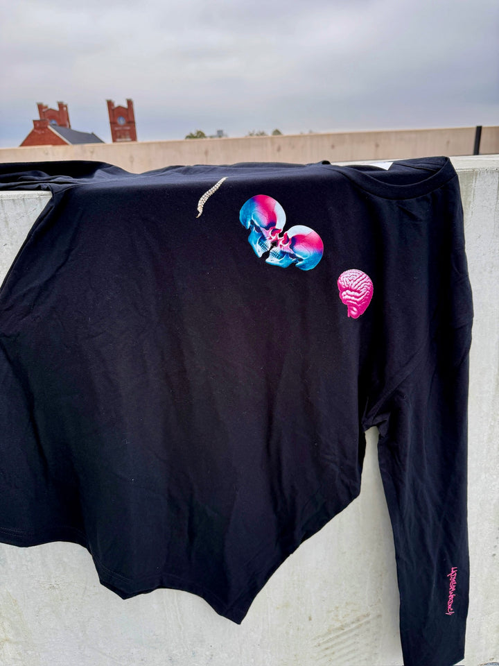 Neuronal Love Long Sleeve Tee Shirt - Black with Spine, Skull, and Brain Design