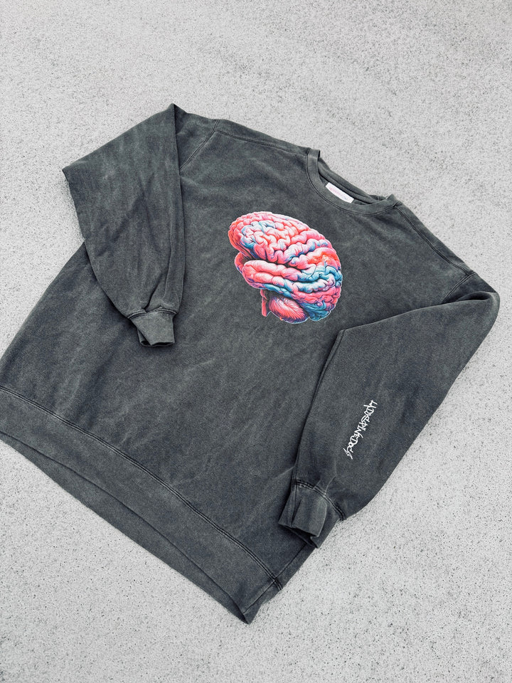 Big Brain Energy Crewneck Sweatshirt - Dark Gray Shirt with Brain Design