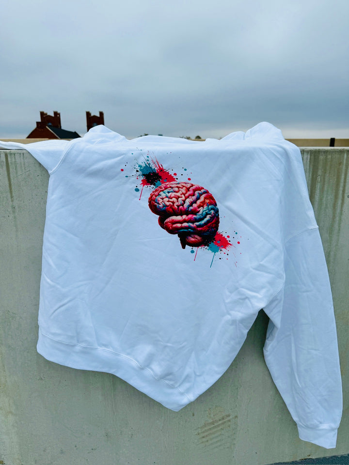 Kind Mind Hoodie - Motivational White Sweatshirt with Brain Design