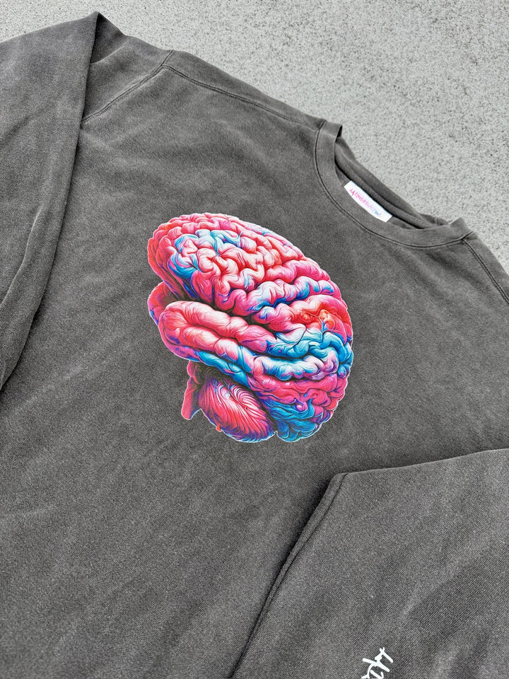 Big Brain Energy Crewneck Sweatshirt - Dark Gray Shirt with Brain Design