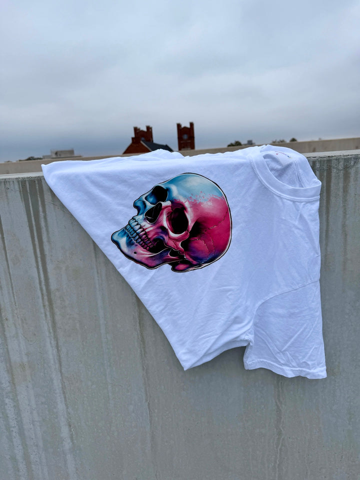 Skull Style Cropped Tee Shirt | White Crop Top Short Sleeve with Skull Design