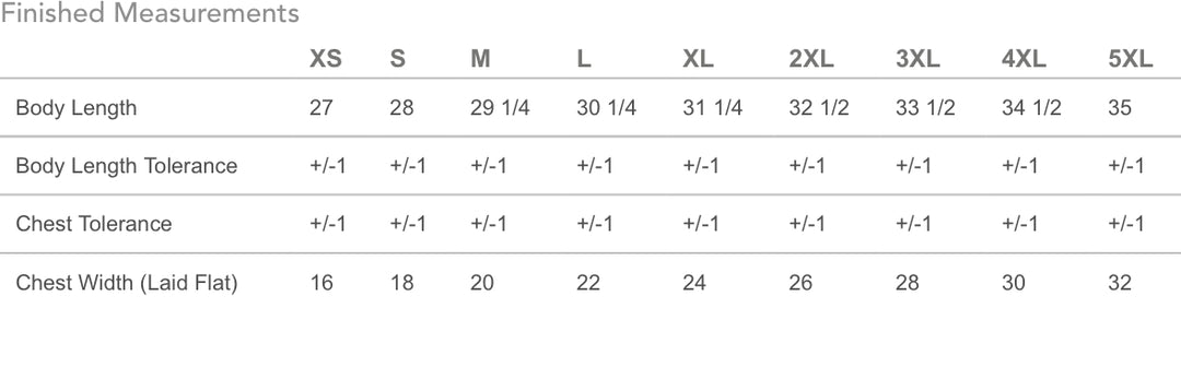 Measurement chart for clothing sizes with body length and chest width tolerances.