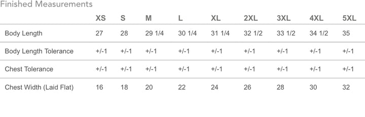 Measurement chart for clothing sizes with body length and chest width tolerances.