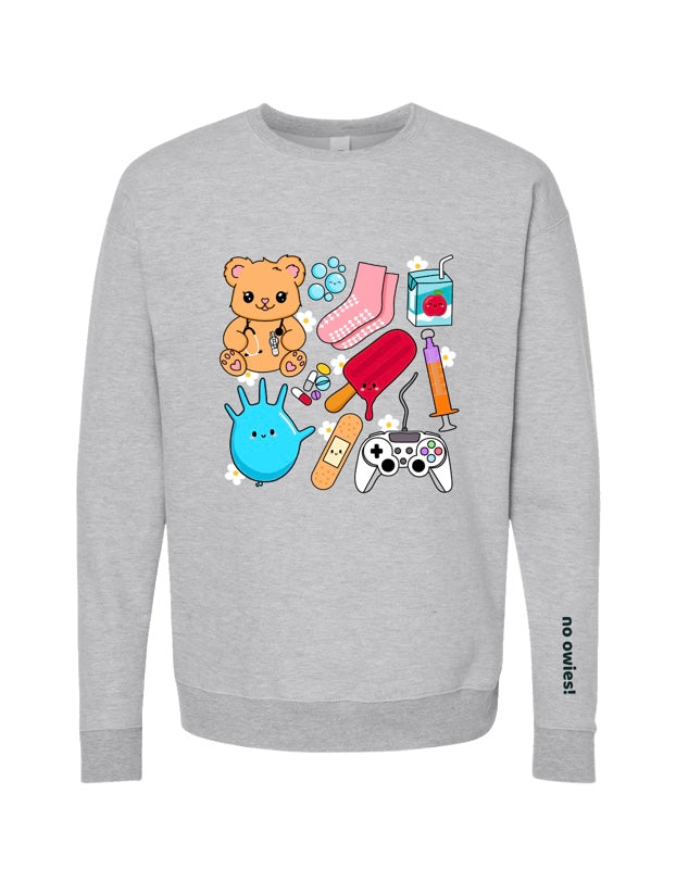 Ladyspinedoc X Scrubhacks No Owies! Pediatrics Collage Crewneck Sweatshirt - Heather Gray With Pedi Nurse Essentials and “No Owies!” on Sleeve
