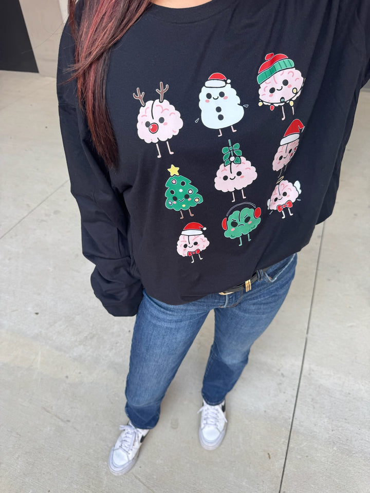 Adult Christmas Brains Long Sleeve Tee – Cute Neuro Holiday Shirt