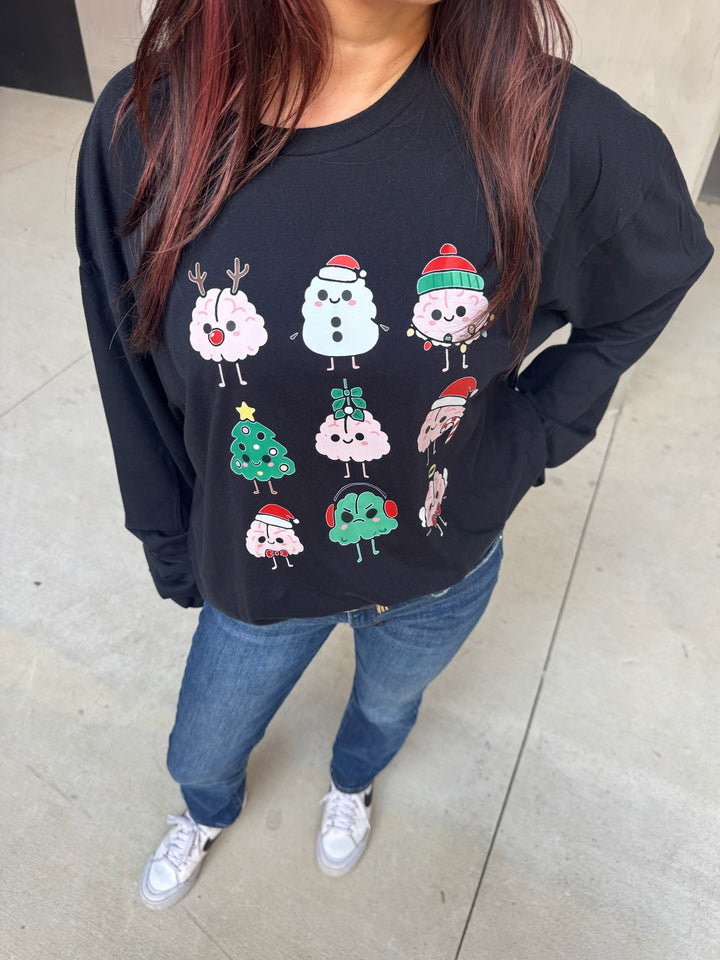 Adult Christmas Brains Long Sleeve Tee – Cute Neuro Holiday Shirt