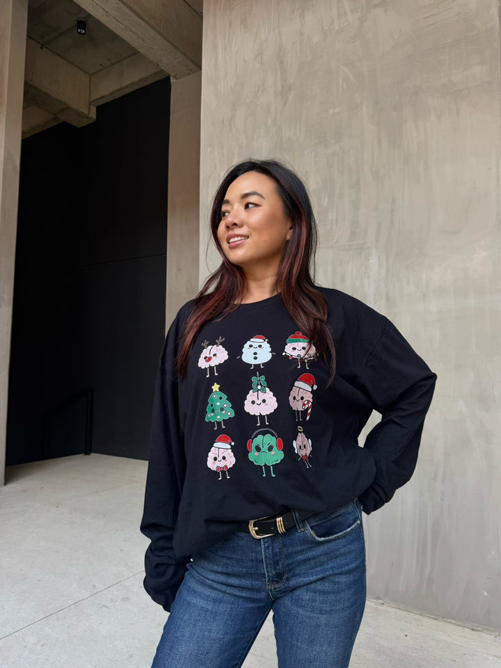 Adult Christmas Brains Long Sleeve Tee – Cute Neuro Holiday Shirt