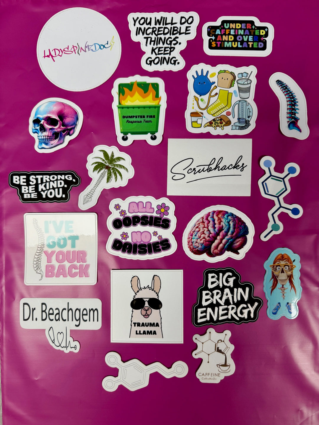 20 Ladyspinedoc and Friends stickers on a pink background